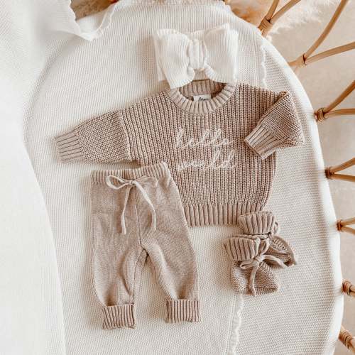 'Hello World' Sweater/Pants/Topknot Bundle - Fawn