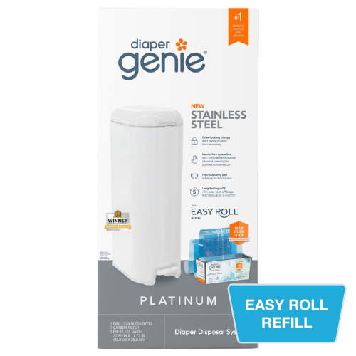Diaper Genie Platinum Pail,White,Stainless Steel, 1 Diaper Pail,1 Easy Roll 18 Bags, Infant