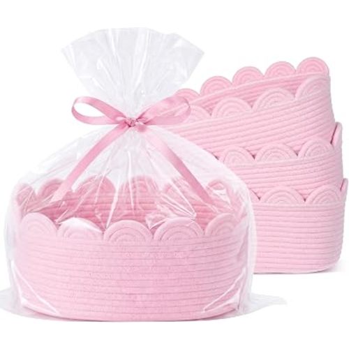 4 Pack Baby Woven Baskets with Gift Bags and Ribbons Scalloped Cotton Rope Handwoven Gift Basket 12 x 8 x 5 Inch for Baby Toy Nursery Wedding Birthday Housewarming(Pink)