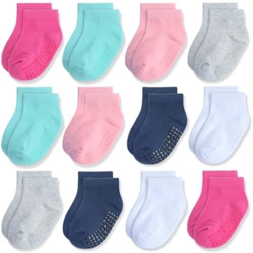 JAKIDAR 12 Pair Baby Toddler Socks Non-Slip Grip Cotton Ankle Socks for Boys Girls Non Skid Soles for Infants Kids