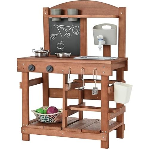 Kids Mud Kitchen Outdoor 23.6in, Wooden Play Kitchen with Sink & Stove, Utensils, Mud Kitchen for Kids Outdoor