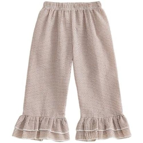 Kids Toddler Girls Ruffle Flare Pants Casual Gingham Plaid Seersucker Pants Elastic Waist Loose Bottoms Trousers