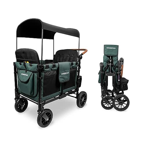 WONDERFOLD W4 Luxe Quad Stroller Wagon Featuring 4 High Face-to-Face Seats with Magnetic Buckle 5-Point Harnesses and Adjustable/Removable UV-Protection Canopy, Hunter Green