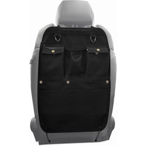 Black Car Seat Back Organizer with Multiple Pockets and Hooks