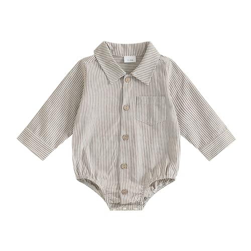 Newborn Baby Boy Fall Clothes Turndown Collar Striped Long Sleeve Romper Button Up Jumpsuit Shirt Bodysuit