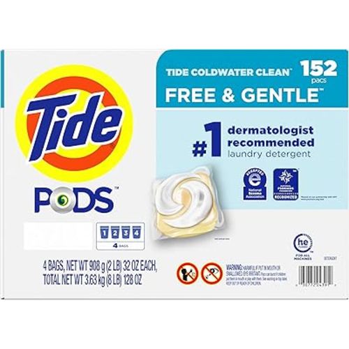 Tide PODS Liquid Laundry Detergent Pacs Free & Gentle 152-count, LARGE, White