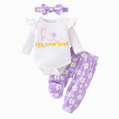 CAICJ98 Newborn Baby Girl Clothes Long Sleeve Rib Knit Romper Daisy Print Pants Infant Girl Outfit with Headband 0-6 Months