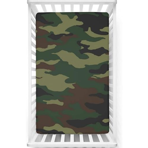 Camo Themed Fitted Crib Sheet,Standard Crib Mattress Fitted Sheet Soft and Breathable Bed Sheets -Baby Crib Sheets for Girl or Boy,28“ x52“,Pale Green Brown Forest Green