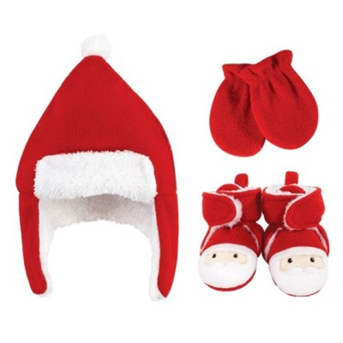 Hudson Baby Trapper Hat, Mitten and Bootie Set, Santa, 0-6 Months