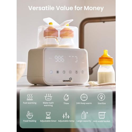 Baby Bottle Warmer, Grownsy 10-in-1 Fast Bottle Warmer Accurate Temp Control, with LCD Display, Timer, Defrost, Sterili-zing, Keep 24H, Double Bottle Warmer for Breastmilk& Formula, Heat Baby Food