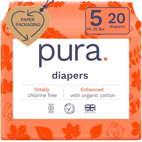 Pura Size 5 Eco-Friendly Diapers (24-35lbs) Totally Chlorine Free (TCF) Hypoallergenic, Soft Organic Cotton, Sustainable Comfort, 12 Hours Leak Protection, Allergy UK,1 Pack of 20 Diapers