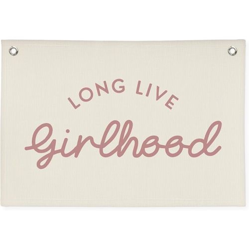Girls Room Decor Long Live Girlhood Linen Banner Hanging Flag Retro Banner for Nursery Playroom Wall Decor for Kids Bedroom Decorations,Baby shower gifts 30x20 In (Pink Letter)