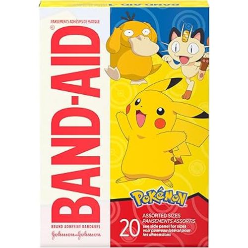 Band-Aid Brand Adhesive Bandages for Minor Cuts & Scrapes, Wound Care Featuring Pokémon Characters for Kids, Assorted Sizes 20 ct