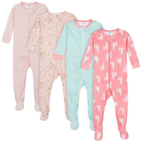 Gerber Baby Girls' 4-Pack Snug Fit Footed Cotton Pajamas, Llamas & Love, 9 Months