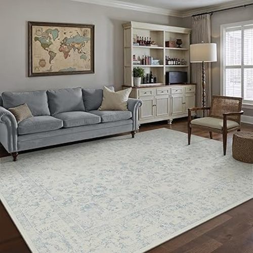 6x9 Blue Area Rug Non Slip Vintage Living Room Distressed Machine Washable Carpet Traditional Indoor Bedroom Blue Retro Floral Accent Throw Rug for Office Kitchen Dorm Dining Room