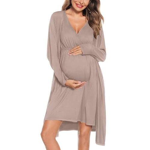SWOMOG Women Maternity Nursing Gown and Robe Set 3 in 1 Labor Delivery Nursing Nightgown for Breastfeeding Hospital Bathrobe