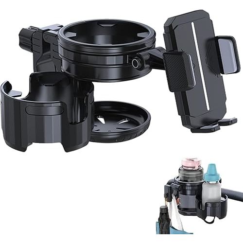 4-in-1 Universal Stroller Cup Holder – Adjustable Single/Double Cup & Phone Holder, 360° Rotatable, Anti-Slip Silicone Grip, Spill-Proof Design for Baby Strollers, bicycles,Wheelchairs, Shopping Carts