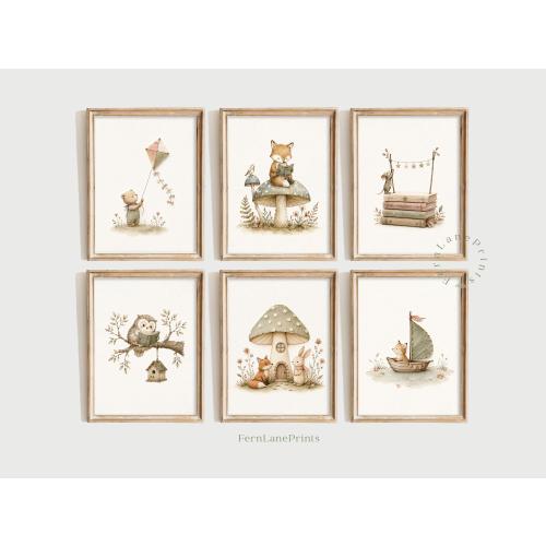 Woodland Nursery Prints Set | Fox, Bear, Owl, Mouse, Bunny Storybook Art (Set of 6)