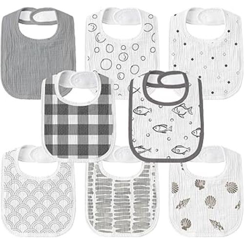 GLLQUEN BABY Muslin Drool Bibs for Boys Girls 8 Pack, Adjustable Baby Bibs for Drooling and Teething, Soft Cotton Baby Bandana Bib for Newborn Feeding Essentials (Fish)
