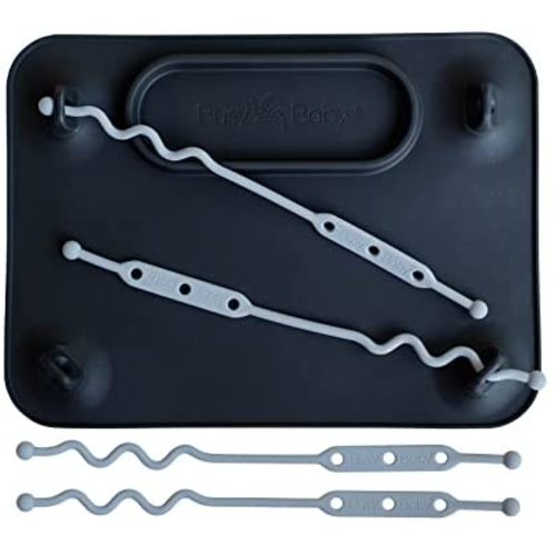 Busy Baby Silicone Placemat - Built-in Suction Cups - 4 Toy Tethers for Babies Toddlers and Kids - Food Grade Silicone - 8.5 x 11 in - Comes with Travel Sleeve - Dishwasher Safe - Black