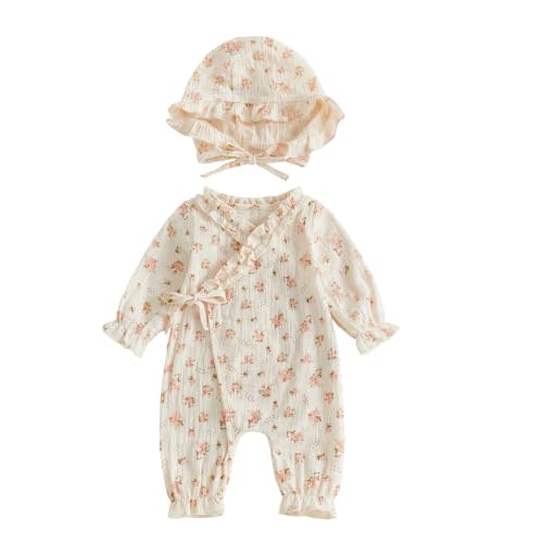 Newborn Baby Girl Clothes Floral Muslin Kimono Romper + Bonnet Set | Baby Girl Coming Home Outfit, Preemie Outfit, Organic Baby Clothes, Soft Cotton Newborn Long Sleeve Footless Jumpsuit