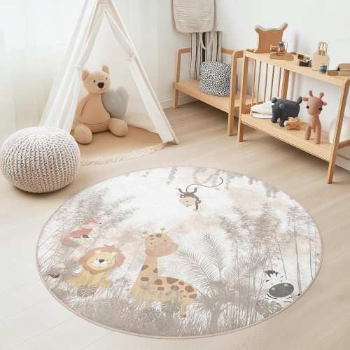 Cute Safari Animals Round Kids Rug, Animal Themed Play Mat, Nursery Decor, Soft Round Carpet for Kids Room, Jungle Animal
