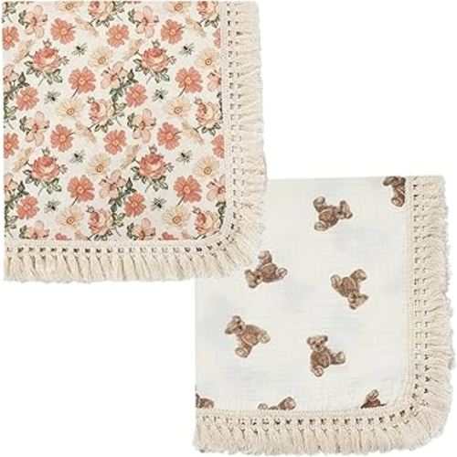 insular Cotton Muslin Baby Blanket with Tassel, Boho Bohemian Muslin Swaddle Blanket Baby Receiving Blanket with Fringe, Nursery Decor Throw or Nursing Blankets, 47" x40”, 2 Pack, Floral&Bear