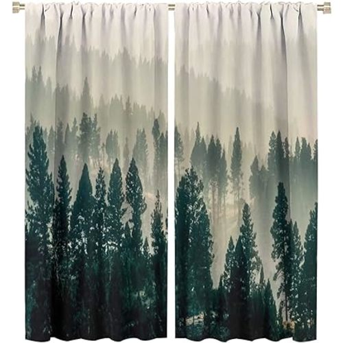Foggy Forest Curtain, Misty Green Forest Natural Landscape Pine Larch Trees Mist Mountain Room Darkening Door Window Rod Pocket Curtain for Bedroom Living Room 42x45in