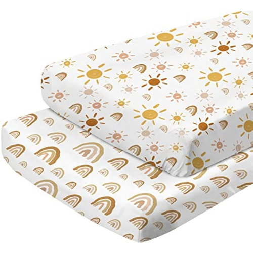 Changing Pad Cover - Ultra Soft Jersey Knit Cotton Diaper Change Table Pad Covers for Baby Girls and Boys -Stylish Rainbow & Sun Pattern, 2 Pack