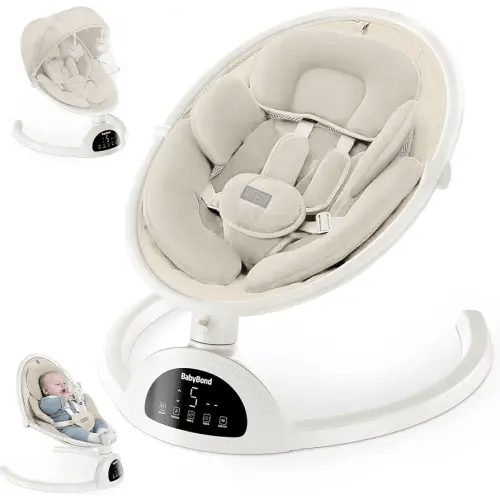 BabyBond Baby Swings for Infants, Bluetooth Infant Swing with Music Speaker, 3 Seat Positions, 5 Point Harness Belt, 5 Speeds and Remote Control - Portable Baby Swing for Indoor and Outdoor (Beige)