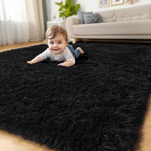 Amdrebio Black Washable Rugs for Bedroom Living Room Decor Aesthetic, Fluffy Shag Area Rugs for Kids, Men, Boys Room, Modern Cool Carpet for Classroom, Apartment, Nursery, Dorm, Office, 4x6 Rug