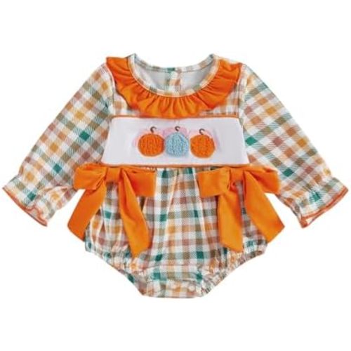 Engofs Baby Girl Halloween Outfit Long Sleeve Pumpkin Smocked Plaid Romper Fall Winter Clothes