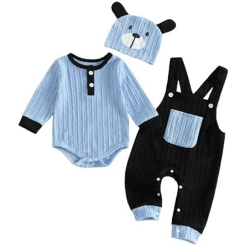 Newborn Baby Boy Clothes Fall Winter Outfit Long Sleeve Textured Romper Pocket Suspender Pants Dog Hat 3 Piece Set