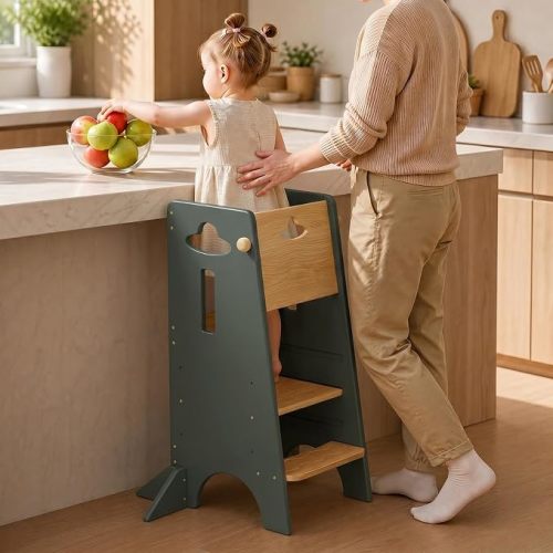 COSYLAND Adjustable Toddler Standing Tower (NO Backing Board) - Super Stable Toddler Step Stool with 4 Stabilizing Blocks - 3 Levels Height Adjustable Kids Kitchen Stool Helper (Natural & Green)