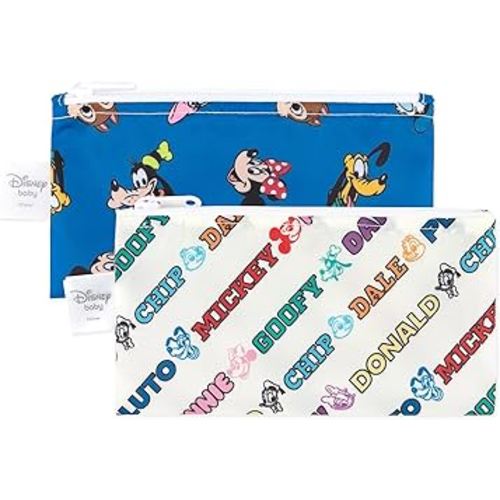 Bumkins Disney Reusable Snack Bags, for Kids School Lunch and for Adults Portion, Washable Fabric, Waterproof Cloth Zip Bag, Supplies Travel Pouch, Food-Safe Storage, 2-pk Mickey and Friends