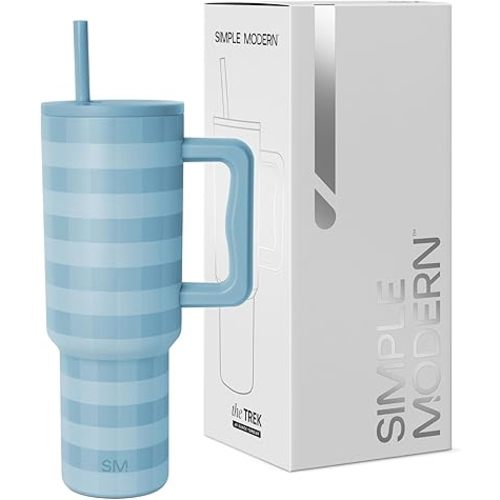 Simple Modern 40 oz Trek Tumbler with Handle and Straw Lid | Cup Holder Friendly Insulated Stainless Steel Travel Mug | Blue Jay Gingham