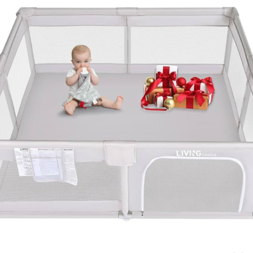 LIVINGbasics Parc pour bébé, 183 x 155 cm, extra large, avec porte, maille respirante, pour intérieur/extérieur, gris clair