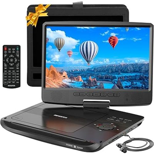 MEGATEK 12.5" Portable DVD Player with 10.5" Screen & Headphones, Car DVD Player for Kids with Headrest Mount, 6-Hour Battery, Supports CD/DVD/USB/SD Card, Remote - Black