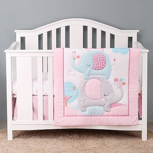 YCDTMY 3 Piece Baby Crib Bedding Set for Girls, Baby Bedding Includes Comforter, Fitted Sheet, Skirt, Newborn Infant & Toddler Standard Size Bed Set, Pink Elephant
