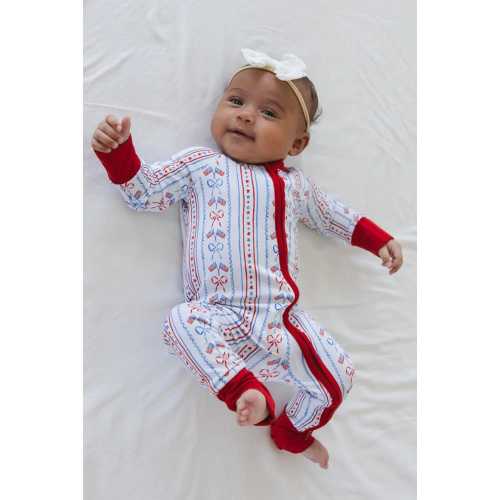 CAROLINE ZIPPY | Dainty Toddler Bamboo Pajamas | USA Flag | Coquette Bows  | 4th of July | Preppy | Independence Day | Baby Zippy Romper