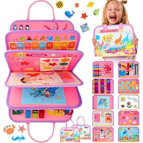Toddler Busy Board, Montessori Toys for Toddler Girl Birthday Gifts, Learning Toys Sensory Busy Book Toys for Toddlers, Travel Educational Book for Airplane Car | Birthday Gift for Girls, Pink