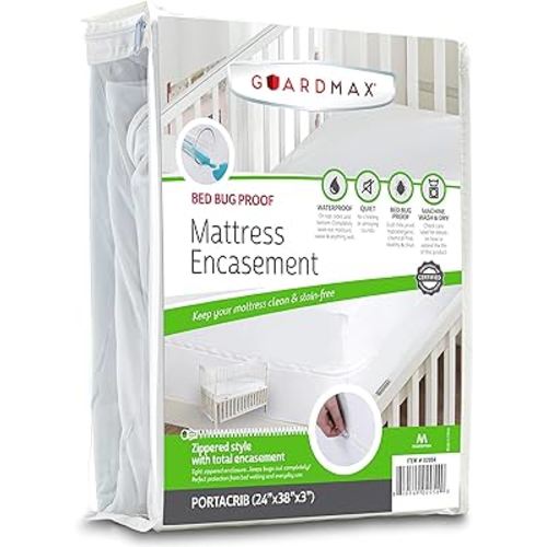 Guardmax Mini Crib Mattress Protector, 24 x 38 x 4, White, Waterproof, Hypoallergenic, Bed Bug Proof, Stretchable Zipper