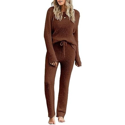 luvamia Women's Casual Pajama Set Fuzzy Fleece Knitted Long Sleeve Pj Loungewear