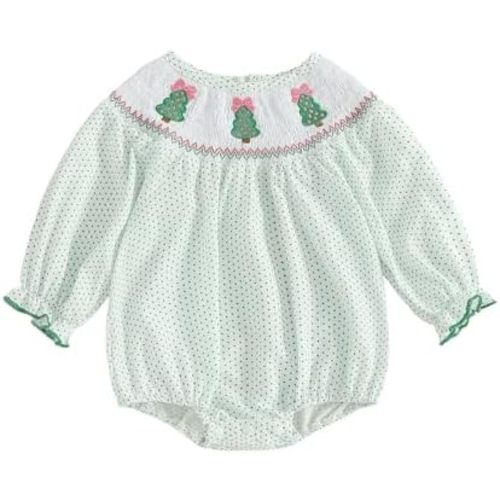 Sasaerucure Newborn Infant Baby Girl Christmas Tree Outfit Green Polka Dot Onesie Long Sleeve Smocked Bubble Romper Clothes