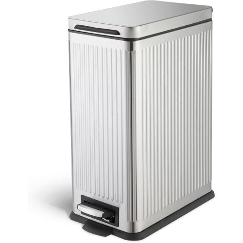 Home Zone Living 8 Gallon Kitchen Trash Can with Slim Fit Design | Stainless Steel with Soft-Close Step Pedal Lid, Bag Tuck Band for Easier Bag Changes, Rectangular Shape, Silver