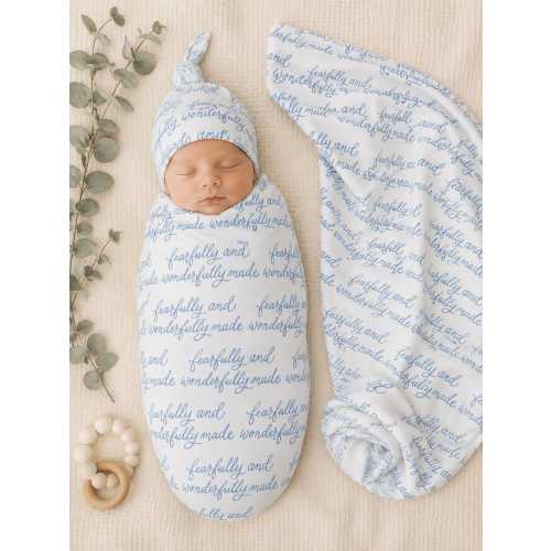 Christian Baby Swaddle Set | Fearfully Wonderfully Made Script (Blue)