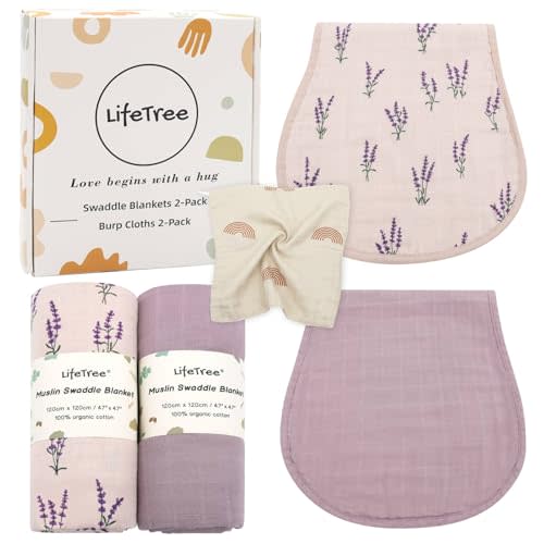 LifeTree Baby Swaddle Blankets 2 Pack and Burp Cloths 2 Pack Set, Muslin Swaddling Wrap Receiving Blanket for Newborn, Organic Cotton, Large 47" x 47", Lavender and Mauve