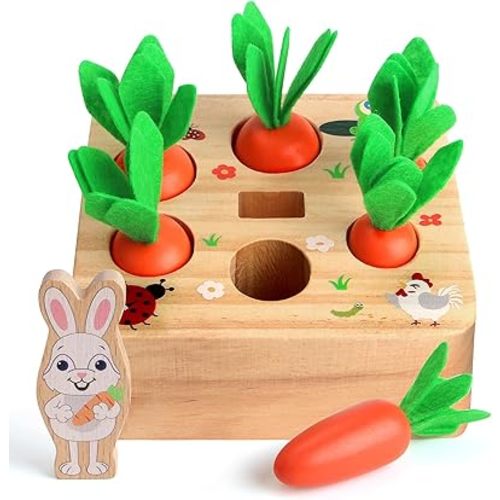 SKYFIELD Carrot Harvest Game Wooden Shape Sorting Puzzle for Baby Boys and Girls 1-3 Years, Montessori Gift Toy with 7 Sizes Carrots