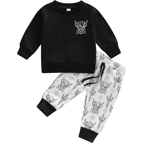Bingqiling Western Boys Clothes Set Infant Baby Boy Pants Suit Long Sleeve Button Cartoon Shirt + Long Ox Head Print Pants - E3-black
