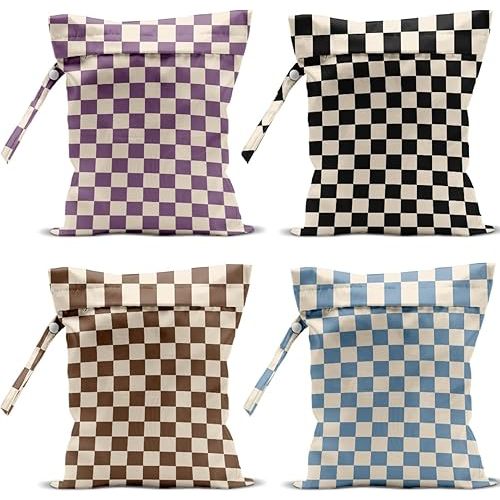 4 Pack Cute Wet Bag Waterproof Washable Reusable Wet Dry Bag for Swimsuit Clothes Cloth Diaper Travel Beach Pool Yoga Gym Party Camping Toiletries Travel Beach Essentials, Colorful Checkered